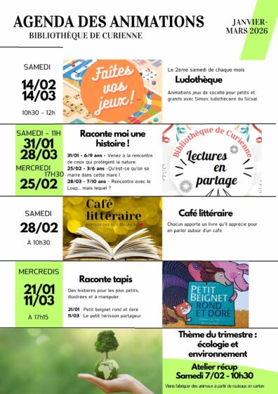 Agenda des animations bibliothèque de Curienne – janvier à mars 2026