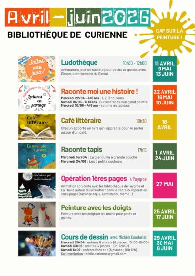 Agenda des animations bibliothèque de Curienne avril-juin 2026